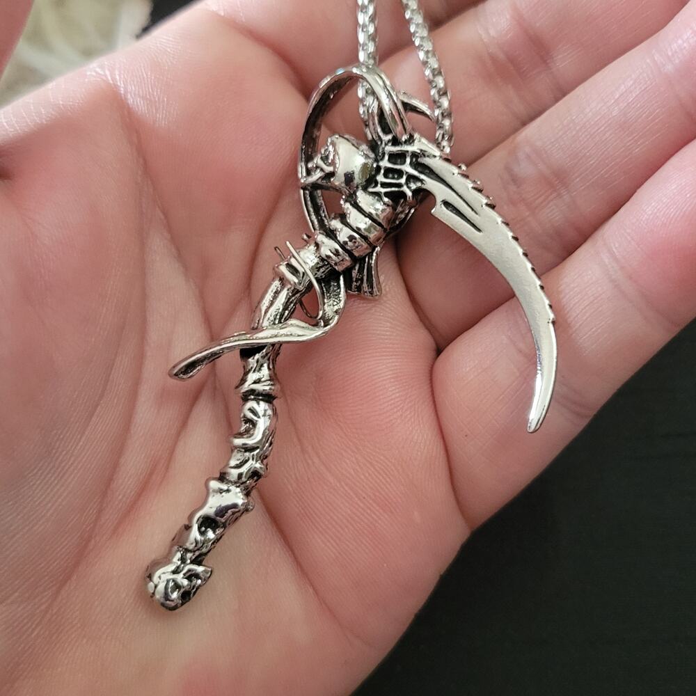 3D Grim Reaper & skull scythe silver tone necklace with round pearl box chain